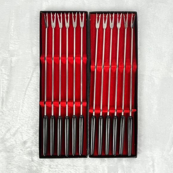 12 Hankyu No. 155 Stainless Steel Cocktail Forks Black Handle 10.75" Japan Boxed - Picture 2 of 7